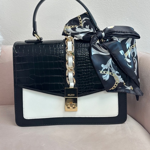 Aldo Black and White Satchel with Scarf Detail - Picture 1 of 3